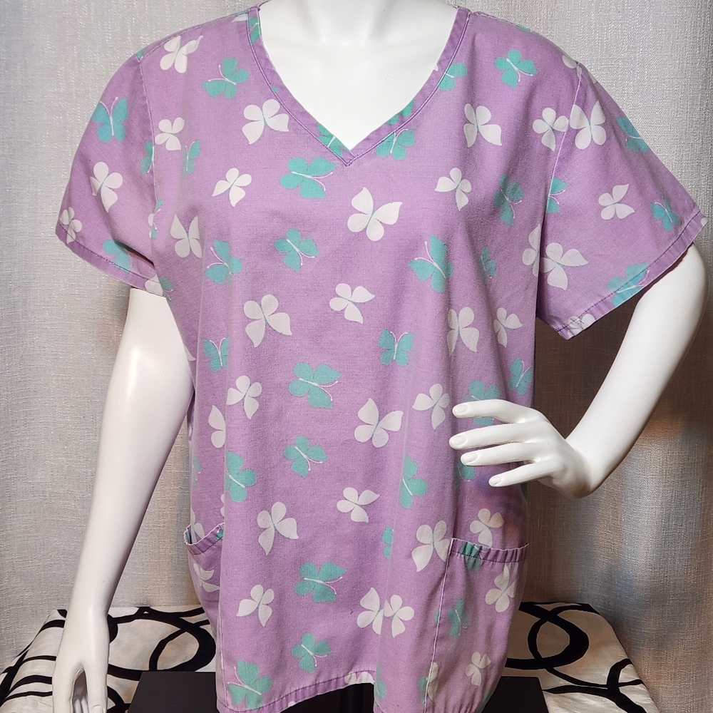 Scrubs Top XL Purple Butterflies 2 Pockets V Neck Spring Cotton Blend